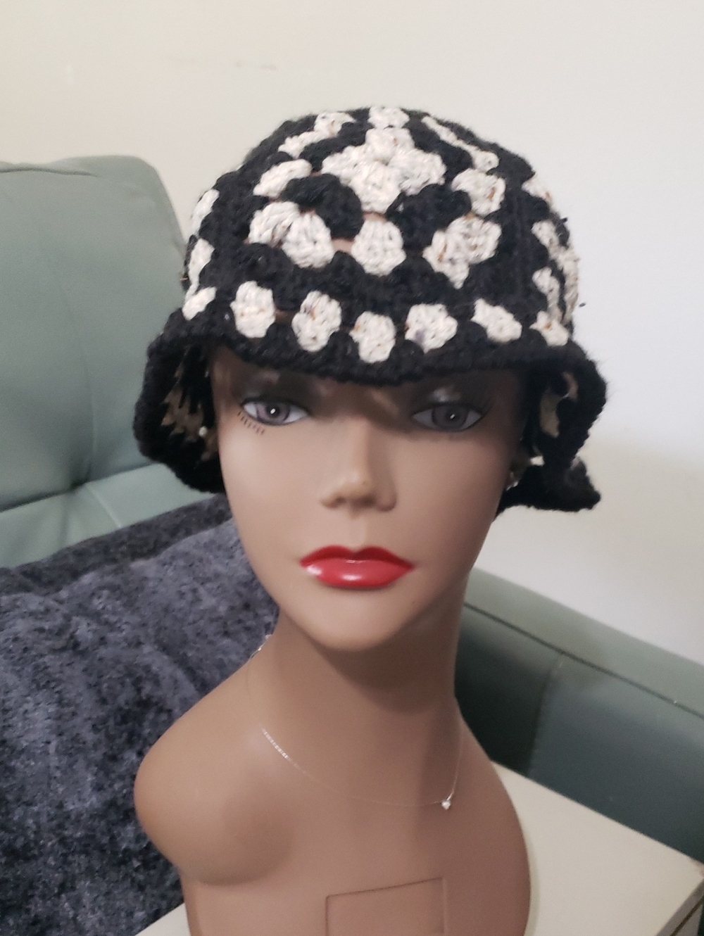 Hand Crafted Black & Cream Crochet Bucket Hat